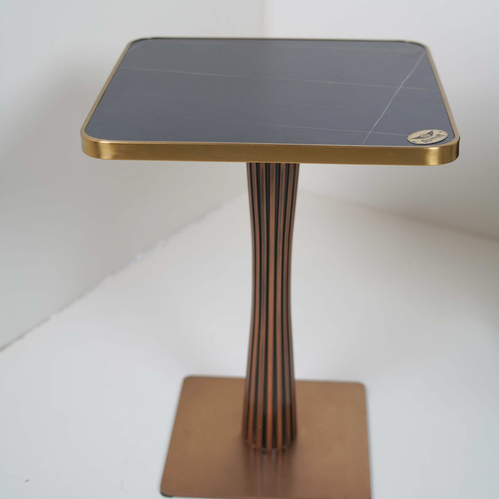 Golden Tree Single Pillar Table Base Tile Top With Gold Metal Edge Banding