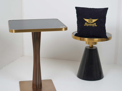 Golden Tree Single Pillar Table Base Tile Top With Gold Metal Edge Banding