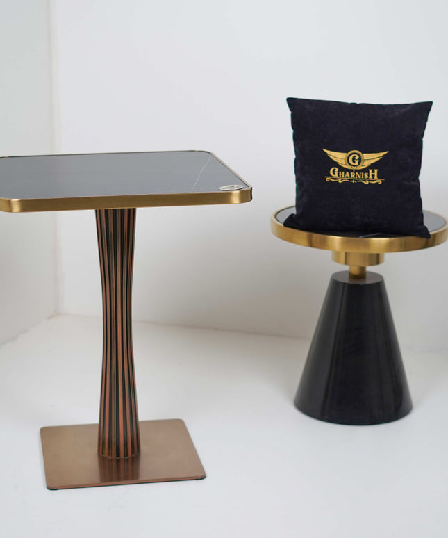 Golden Tree Single Pillar Table Base Tile Top With Gold Metal Edge Banding
