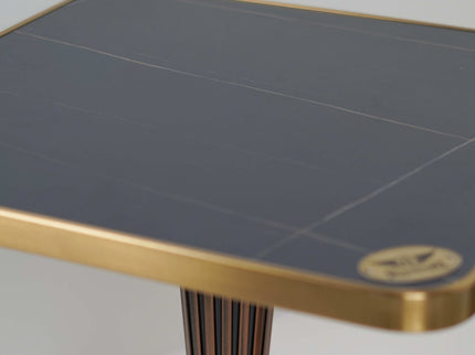 Golden Tree Single Pillar Table Base Tile Top With Gold Metal Edge Banding