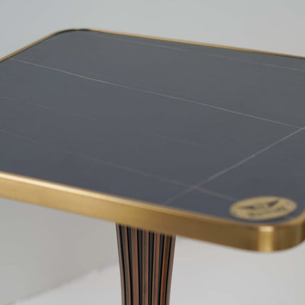 Golden Tree Single Pillar Table Base Tile Top With Gold Metal Edge Banding