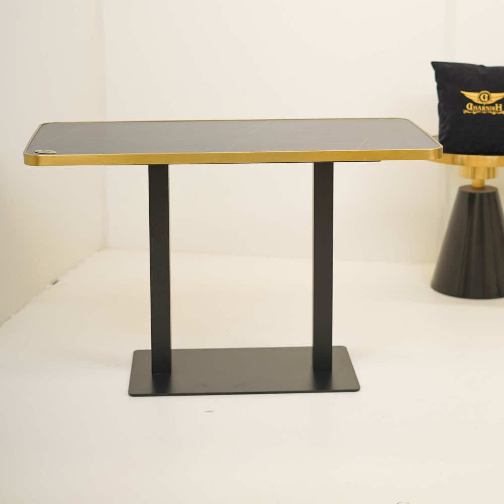 Icon MS Double Pillar Table Base Tile Top With Gold Metal Banding