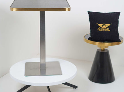 Icon SS Single Pillar Table Base Tile Top With Gold Metal Edge Banding