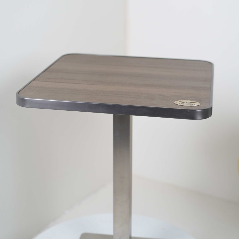 Icon SS Single Pillar Table Base Tile Wooden Top With Grey Metal Edge Banding