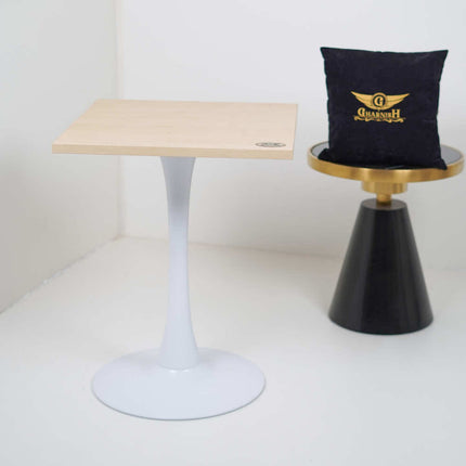 White Pole Table Base Beige Top For Cafe