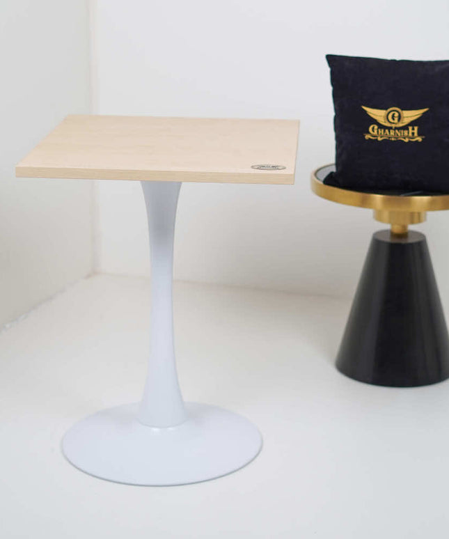 White Pole Table Base Beige Top For Cafe