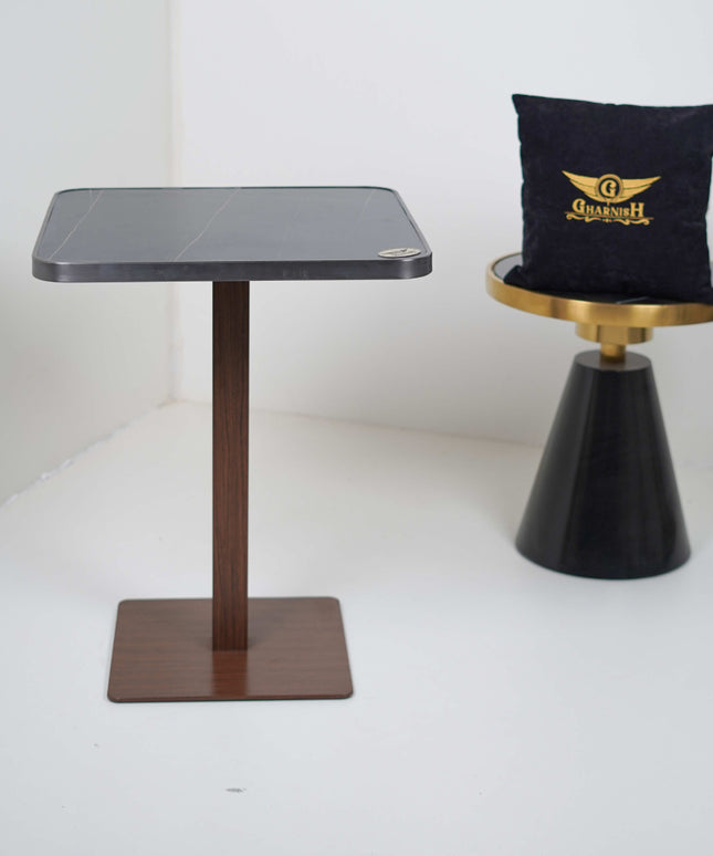 Wooden Texture Flat Table Base Tile Top With Grey Metal Edge Banding