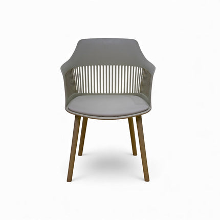 Gharnish Alpha Restaurant Chair in light grey with a slatted back and wooden legs. Modern, durable, and comfortable.
