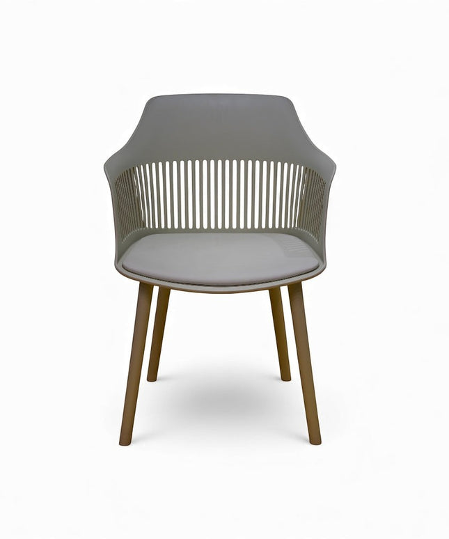 Gharnish Alpha Restaurant Chair in light grey with a slatted back and wooden legs. Modern, durable, and comfortable.