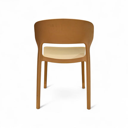 Gharnish Astra Tan PVC Chair with a modern, elegant design and a cut-out backrest. Suitable for cafes and restaurants.