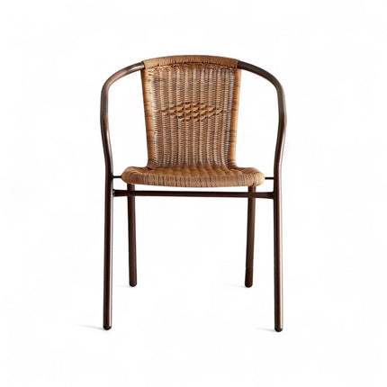 Gharnish Jupiter Prime outdoor chair with woven brown rope seat and back on a dark metal frame.