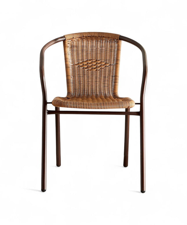 Gharnish Jupiter Prime outdoor chair with woven brown rope seat and back on a dark metal frame.