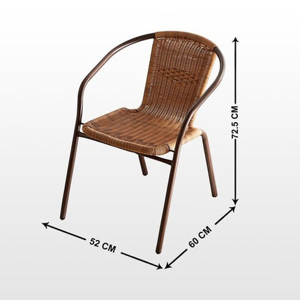Gharnish Jupiter Prime outdoor chair with woven brown rope seat and back, and dark metal frame. Modern design.