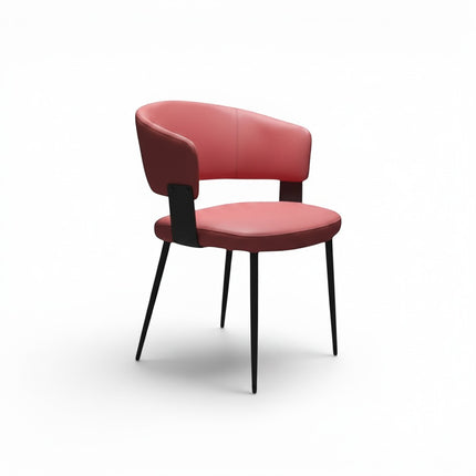 Gharnish modern dining chair  with black metal legs and subtle stitching detail.