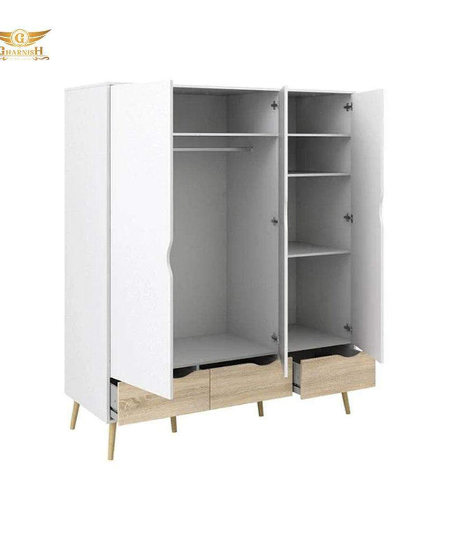 Oslo Wardrobe - 3 Doors 3 Drawers in White and Oak GHDT007-Gharnish-